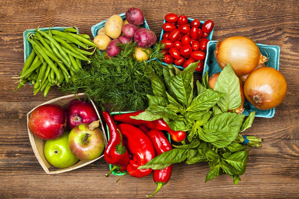 Fresh farmers market fruit and vegetable produce from above