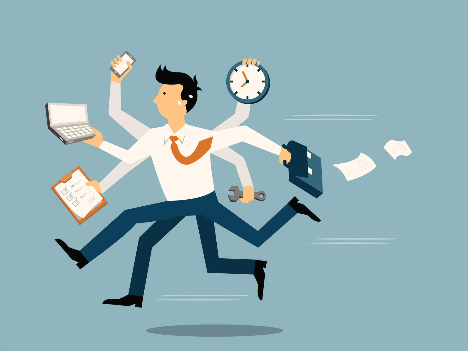 Businessman running in a hurry with many hands holding time, smart phone, laptop, wrench, papernote and briefcase, business concept in very busy or a lot of work to do.