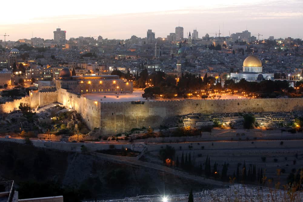 Evening in Old City, Temple Mount with Dome of the Rock view from the Mt of Olives in Jerusalem